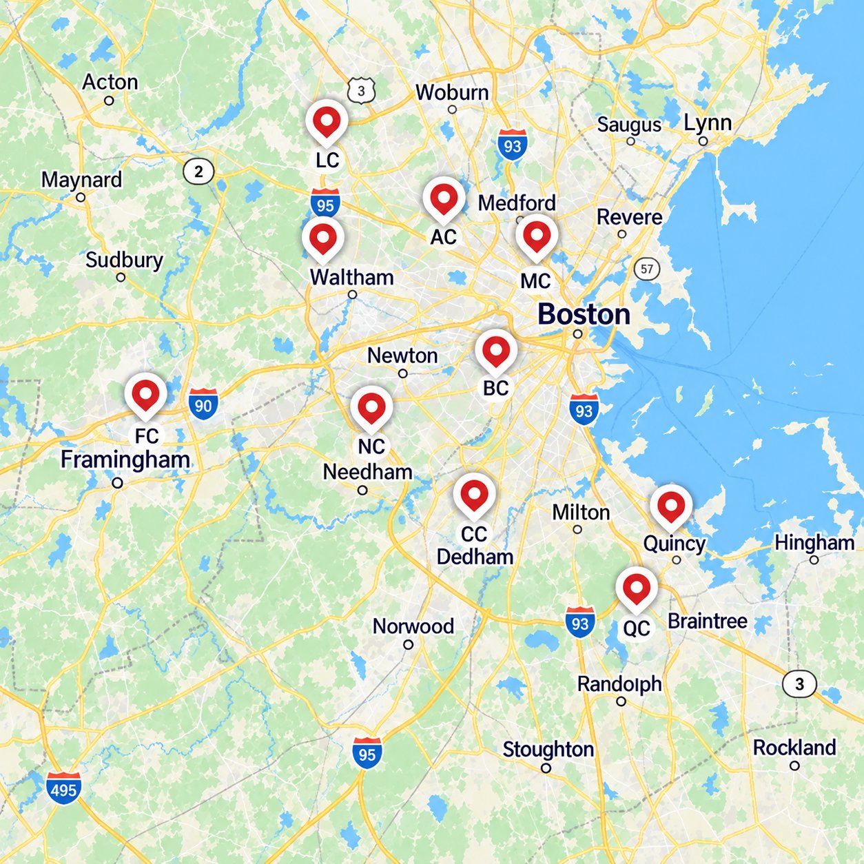 Map of our chimney service coverage across Greater Boston — pins from Lexington and Framingham through Boston to Quincy and Braintree