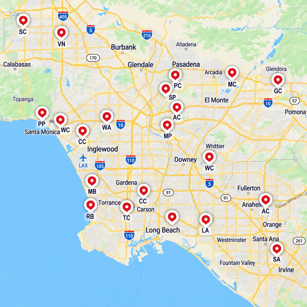 Map of our chimney service coverage across Los Angeles — pins from the Valley to Long Beach and Orange County
