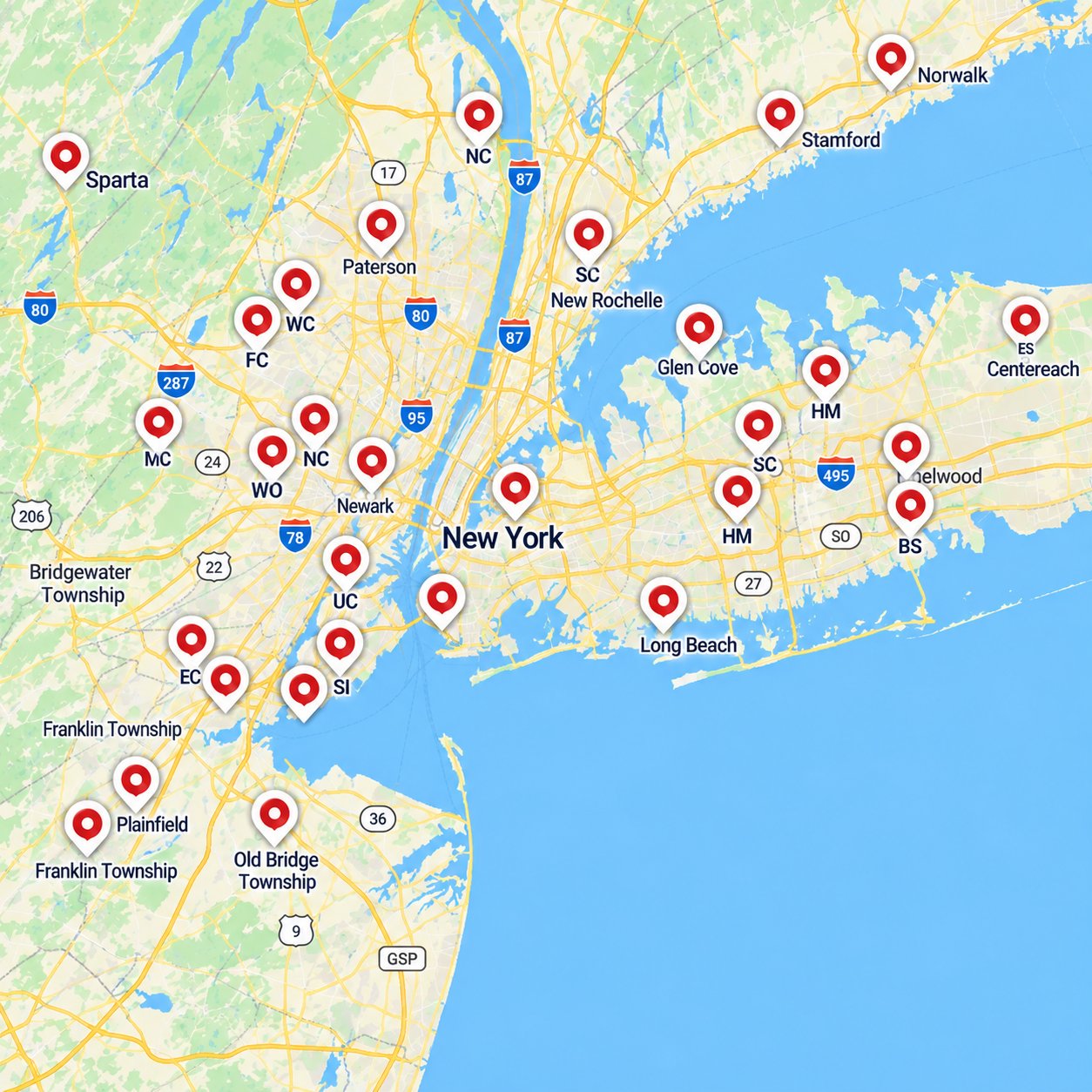 Map of our chimney service coverage across the New York tri-state area — pins from North Jersey through NYC to Long Island