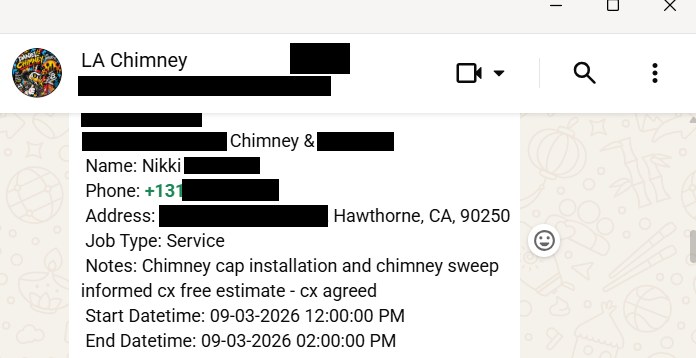 Real WhatsApp dispatch: chimney cap installation and sweep job in Hawthorne, CA, with confirmed appointment window