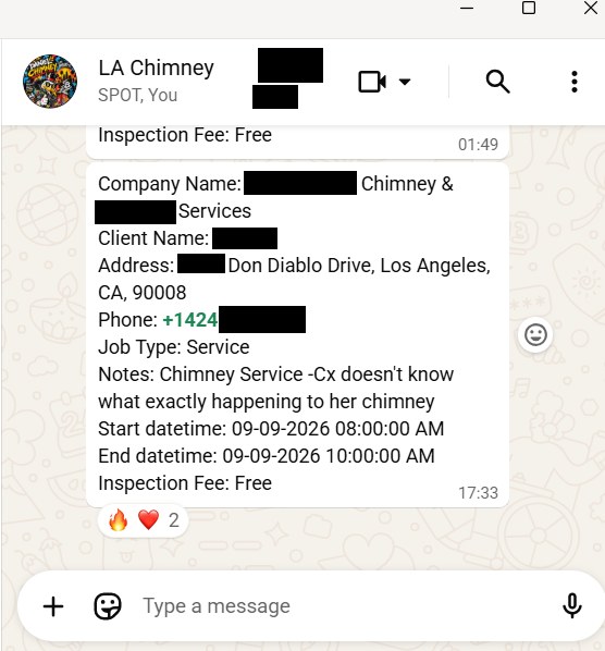Real WhatsApp dispatch group showing a scheduled chimney service job in Los Angeles with crew reactions